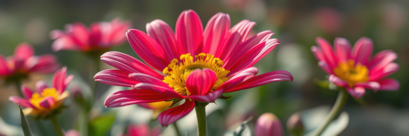 Bright pink flowers bloom in a vibrant garden under soft sunlight during spring